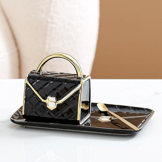 Jmugmt Handbag Shaped Mug with Saucer and Spoon, Cute Handbag Mug, Birthday Gifts for Women Girlfriend Office Use 10 Ounce Black