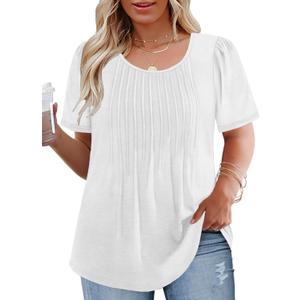 VISLILY Womens-Plus-Size-Summer-Tops Trendy Puff Short Sleeve T Shirts Cute Flowy Pleated Blouses Casual Crewneck Tunics Tee Size 2XL White