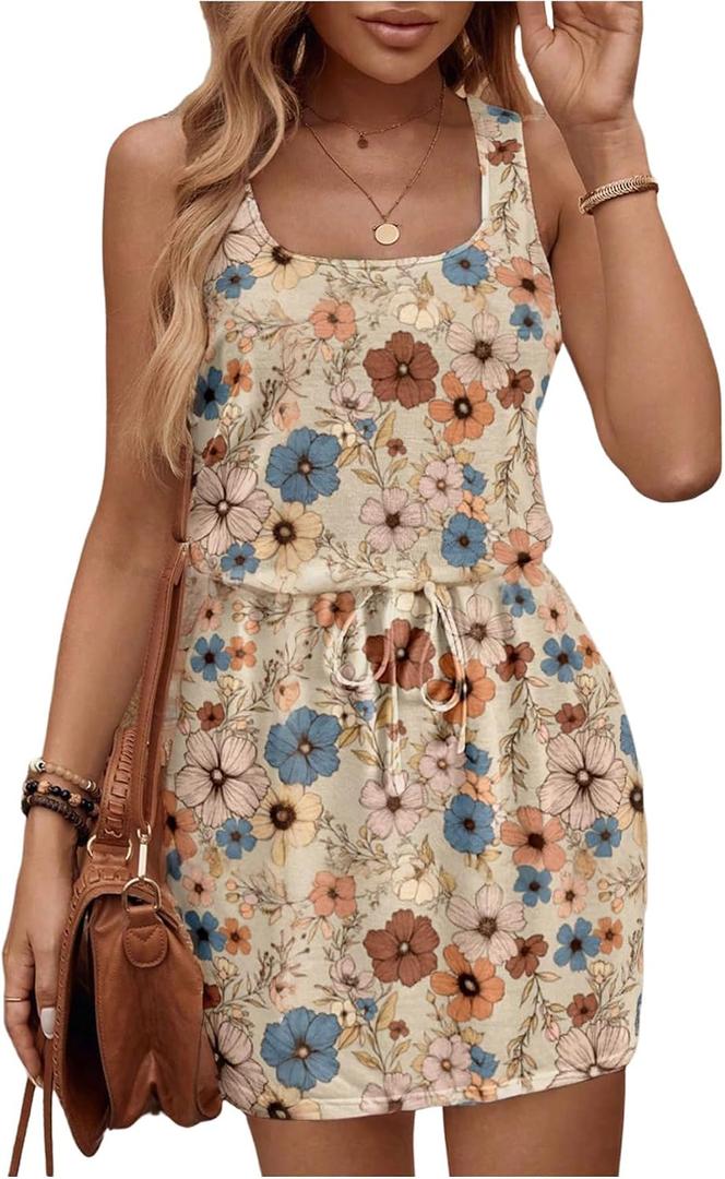 RoseSeek Women's Leopard Print Sleeveless Tank Dress Drawstring Waist Scoop Neck Dresses Summer Short Dress (S)