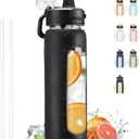 Kodrine Water Bottle With Straw and Carry Handle, Glass Water Bottle 24 oz Leak Proof Locking Lid with Soft Silicone Spout, Reusable Drinking Cups for Travel Sports with Time Marker,Black