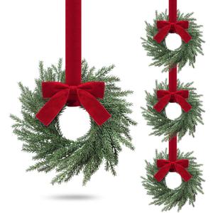 4 Pcs Small Christmas Norfolk Wreaths Evergreen 12.6 Inch Christmas Kitchen Cabinet Mini Wreaths Real Touch with Bow and Burgundy Ribbon for Xmas Front Door Window Home Table Pillar Decor