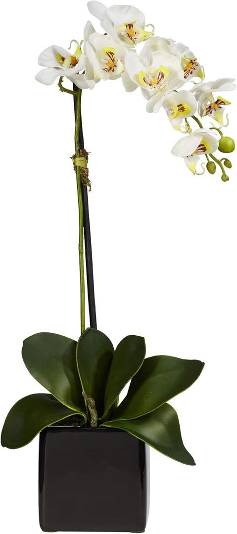 Nearly Natural 20in. Orchid Artificial Arrangement in Black Planter, White