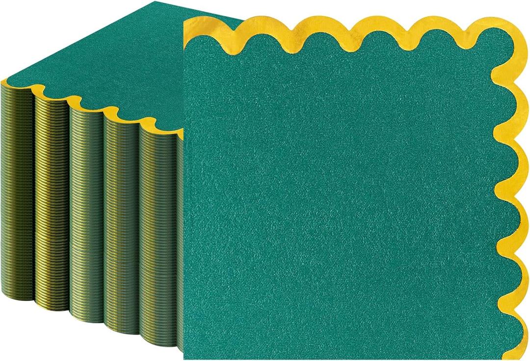 2 x LIYH 200Pack Green Cocktail Napkins 2-Ply Wedding Party Napkins Disposable for Birthday Bridal Baby Shower Anniversary Reception Event Folded 5In x 5In (Dark Green with Gold)