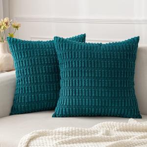MIULEE Pack of 2 Corduroy Decorative Throw Pillow Covers 18x18 Inch Soft Boho Striped Pillow Covers Modern Farmhouse Home Decor for Sofa Living Room Couch Bed Teal (18" x 18" (Pack of 2))