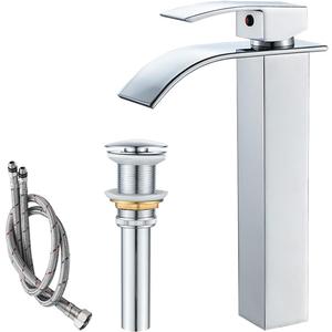 VOTON Vessel Sink Faucet Chrome Modern Tall Waterfall Bathroom Sink Faucet with Pop-Up Drain Single Handle Bathroom Faucet 1 Hole Bowl Lavatory Vanity Faucet, Sink Camper Farmhouse Bathroom Faucet