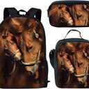 Dellukee School Backpack Set Lunch Bag Pen Bags Cute Durable Bookbags Daypacks Horse Print