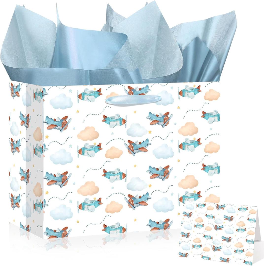 Airplane Party Favors Bag with Tissue Paper and Card Airplane Wrapping Paper Baby Shower Paper Gift Bag for Boys Blue Plane Airplane Goodie Bags Baby Shower Decorations for Boys Birthday Supplies