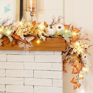 Fall Garland with Lights, 6Ft Lighted Fall Leaves Garland for Mantle Outdoor Home Door Table, with Pumpkins, Fall Decor Autumn Thanksgiving Decorations