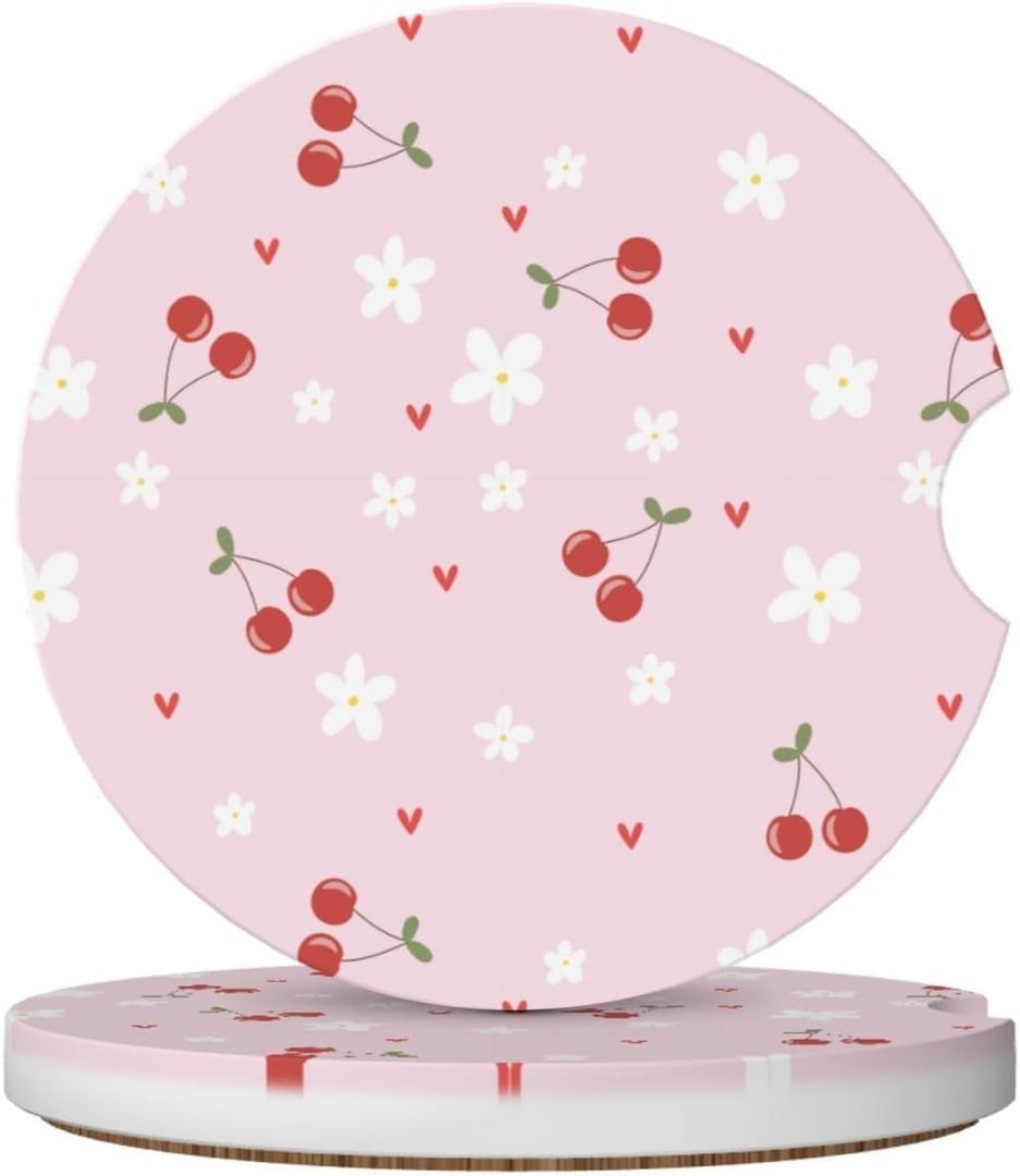 2 x Pink Cherry Car Coasters for Cup Holders,2 Pack Car Cup Holder Coasters for Car,Ceramic Absorbent Car Coaster with A Finger Notch and Cork Base,Car Interior Accessories for Women Men