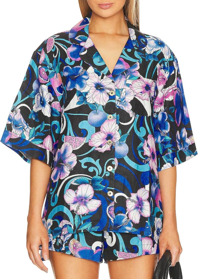 Women's Floral Print Button Down Shirts Short Sleeve Summer Casual Blouse Tops (XL)