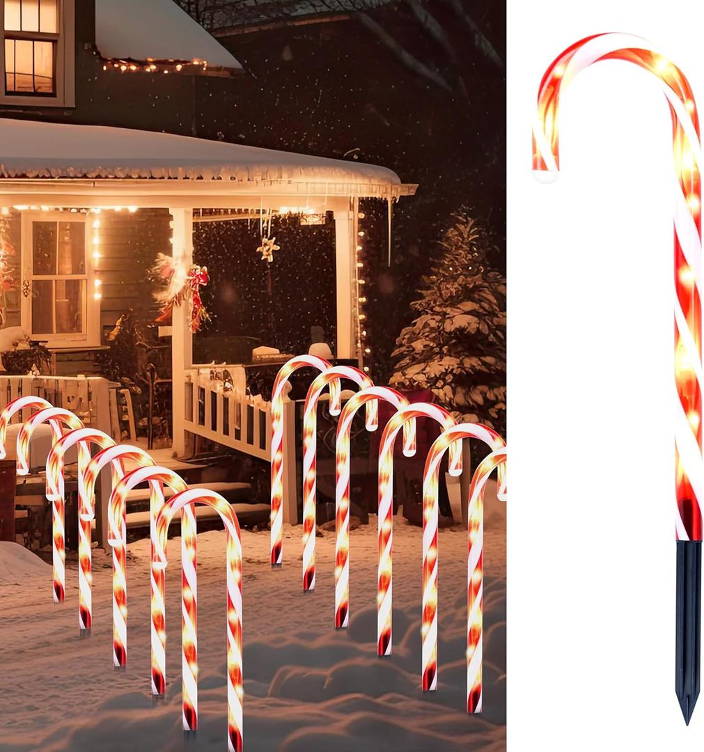 Joiedomi 12 Pcs Christmas Candy Cane Pathway Markers Lights, 12 Stakes Lights with Warm White, Waterproof Outdoor Decorations for Holiday Xmas Indoor, Yard, Patio, Garden, Walkway