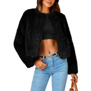 PRETTYGARDEN Women's 2026 Winter Coats Fleece Cropped Jacket Faux Fur Long Sleeve Pockets Shaggy Warm Outerwear Fall Clothes (Large, Black)