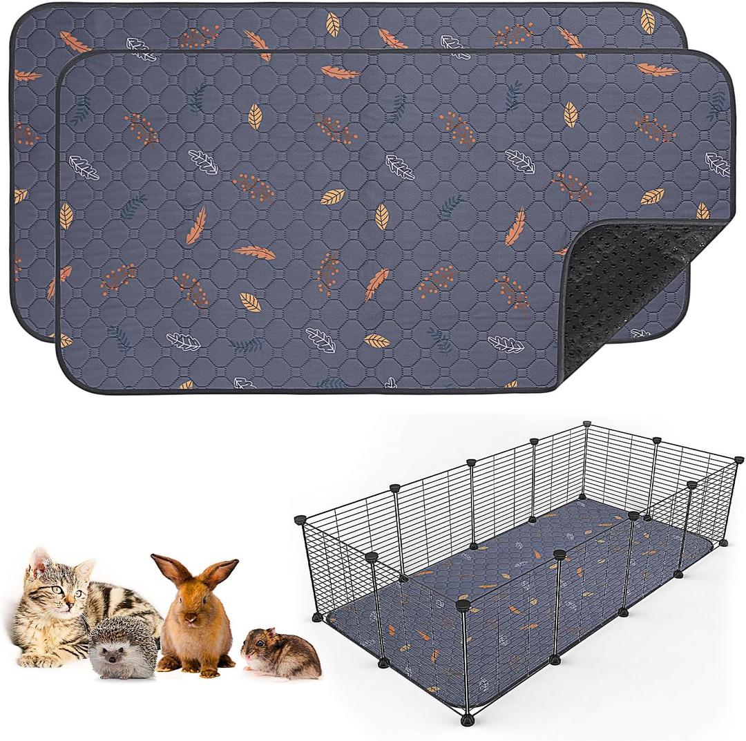 Sunheir 2 Pack Washable Guinea Pig Pee Pads, 24" x 48" Waterproof Reusable Guinea Pig Cage Liners, Absorbent Bedding Training Mat for Small Animal Guinea Pigs Rabbit Bunny Hamster (Leaves - Deep Grey)