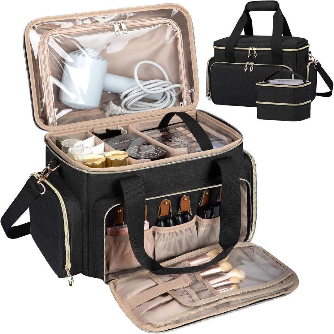 GDNasist Large Makeup Bag, Portable Travel Makeup Bag Organizer for Women Girls with 2 Removable Pouches & Detachable Dividers, Cosmetic Travel Bag, Toiletry Bag for Makeup and Hair Supplies Black