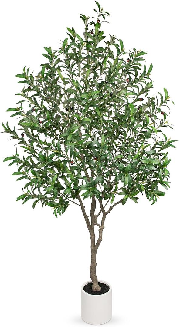 Hollyone Faux Olive Tree 7Feet Tall Fake Olive Tree 7FT with Pot Indoor Lifelike Wood Trunk and Fruits Large Potted Artificial Tree Plant with Tall Ceramics Pot Planter Housewarming Home Decor Gift