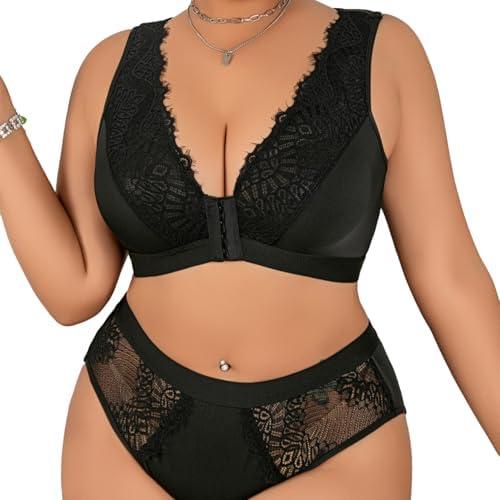 Women's Plus Size 2 Piece Lingerie Set Sexy Sheer Bralatte 3/4 Cup Bra Panty Sets Super Stretchy Lace Underwired, XL