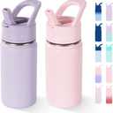 12oz Water Bottle with Straws, Stainless Steel Vacuum Insulated Water Bottle Leak-Proof, BPA-Free, Purple + Pink