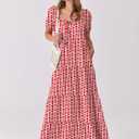 ANRABESS Women's Boho Maxi Dresses 2025 Summer Casual Floral Puff Short Sleeve Tie Front Flowy Swing Tiered Long Beach Dress (Red, M)