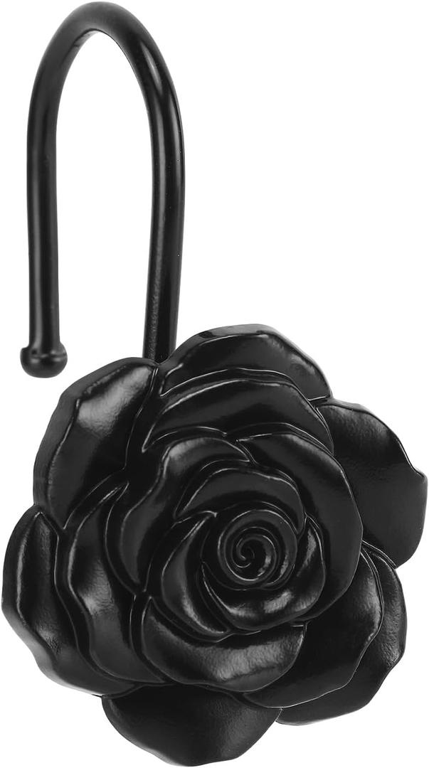Metal Rose Shower Curtain Hooks, Rust-Resistant Hooks for Shower Curtain Rods, Set of 12, Beautiful Floral Rose Design Bathroom Decoration Hooks Black