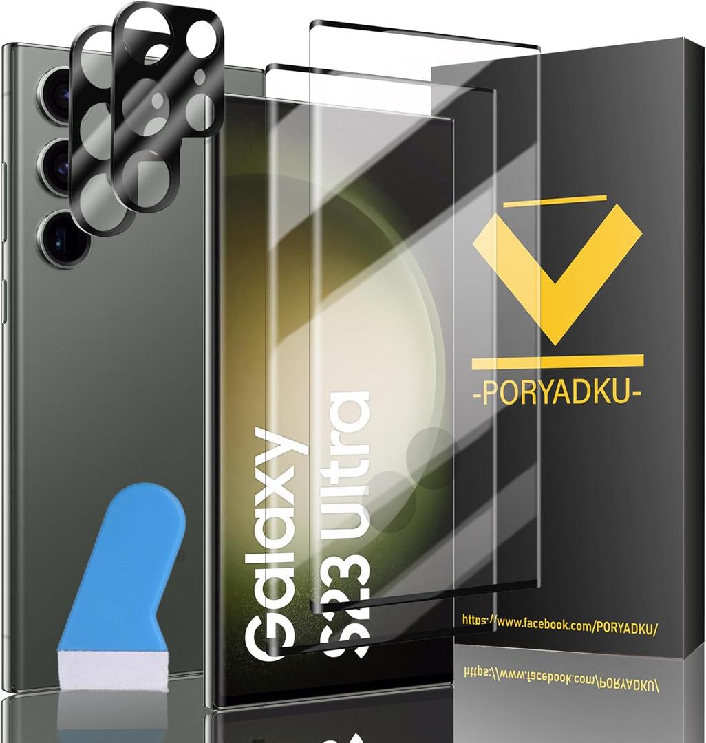 [2+2 Pack] For S23 Ultra Screen Protector, 2 Pcs Tempered Glass + 2 Pcs Camera Lens Protector, Impact-Resistant, Ultrasonic Fingerprint Compatible, 3D Curved for Galaxy S23 Ultra Screen Protector