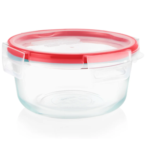 Pyrex Freshlock 4 Cup Round Food Storage Container: Glass Container with Lid, Oven & Microwave Safe, Clear/Red