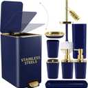 Navy Blue Bathroom Accessories Set 8 Piece Navy Blue and Gold Bathroom Set, Bathroom Sets with Stainless Steel Garbage Can,Toilet Brush,Toothbrush Set,Soap Dispenser