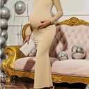 OYOANGLE Women's Maternity Dress Mock Neck Long Sleeve Bodycon Fishtail Maxi Dresses (Beige, M)