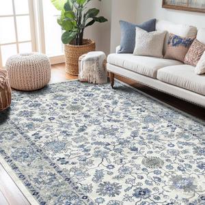 Area Rug for Living Room 3x5, Machine Washable Vintage Oriental Soft Carpet, Low Pile Thin Floor Area Rugs with Non Slip Backing for Office Door Mat Kitchen Bathroom Indoor Dorm Dining Room (Blue)