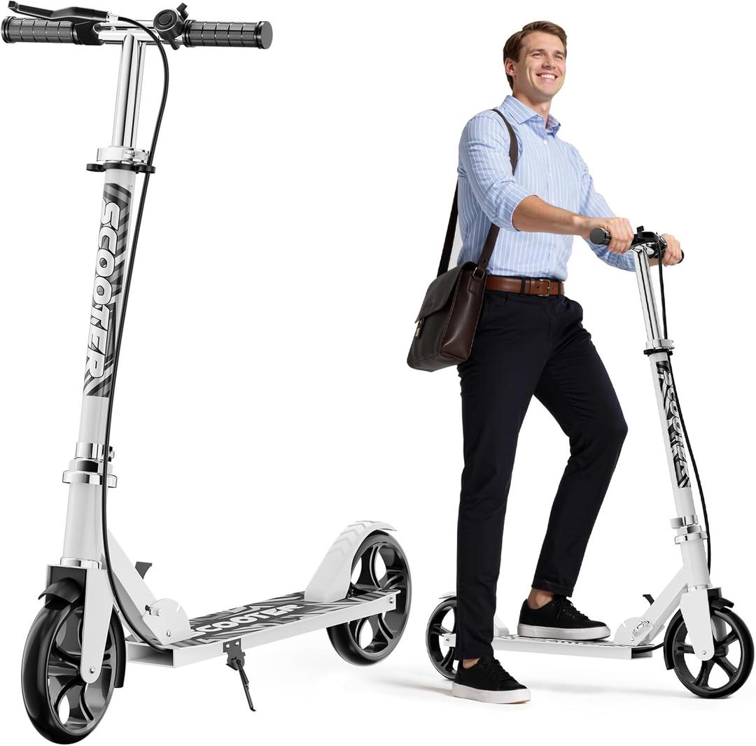 Scooters for Kids 8-12, Teens & Adults - Lightweight, Foldable, 8-Inch Big Wheels, Hand Brake & Bell, 4 Adjustable Height Levels, 240 lbs Max Load, Perfect for School, Campus and Park Rides (White)