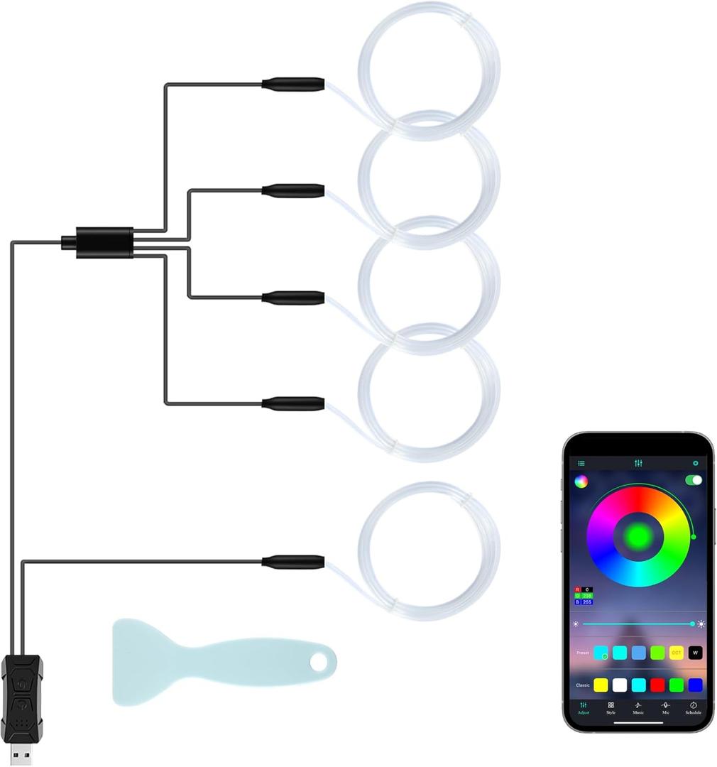 LivTee Smart Car LED Interior Lights with USB Port, LED Strip Fiber Optic Lights, Wireless App Control, Sync to Music, Car Accessories Gifts for Women and Men, 5 in 1