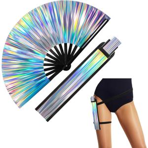 FairySandy Large Rave Fan UV Glow Hand Fan with Thigh Holster for Women Carnival Disco Party Supplies for Carnival Edm Music Festival Club Accessories Performance(Laser,Laser Color)