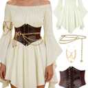 Renaissance Costume Women Pirate outfit Ren Faire Dress Off Shoulder Bell Sleeve Arm chain Waist Belt waist chain, Size Small