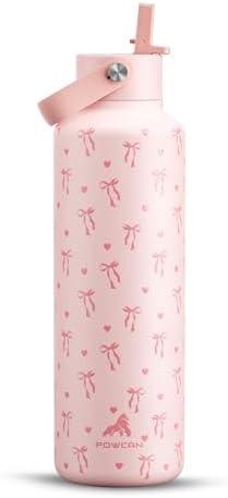 POWCAN 24 oz Insulated Water Bottle: Leakproof, Cup Holder Friendly, Cold for 24H, BPA-free, Top Handle, Double Walled Metal Water Bottle for Student, Girl, School, Camping, Daily (Sweetheart Bow)