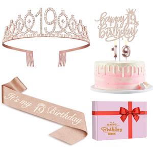 19th Birthday Decorations Including Birthday Sash, Tiara/Crown, Numeral Candles and Cake Topper, 19 Year Old Girl Gifts, Rose Gold Party Decor Supplies