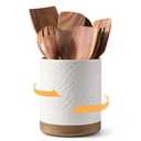 DOWAN 360° Rotating Extra Large Cooking Utensil Holder, 7.6" Kitchen Utensil Holder for Countertop, Utensil Crock for Farmhouse Kitchen Decor, Ceramic Stable Utensil Caddy, White Embossed