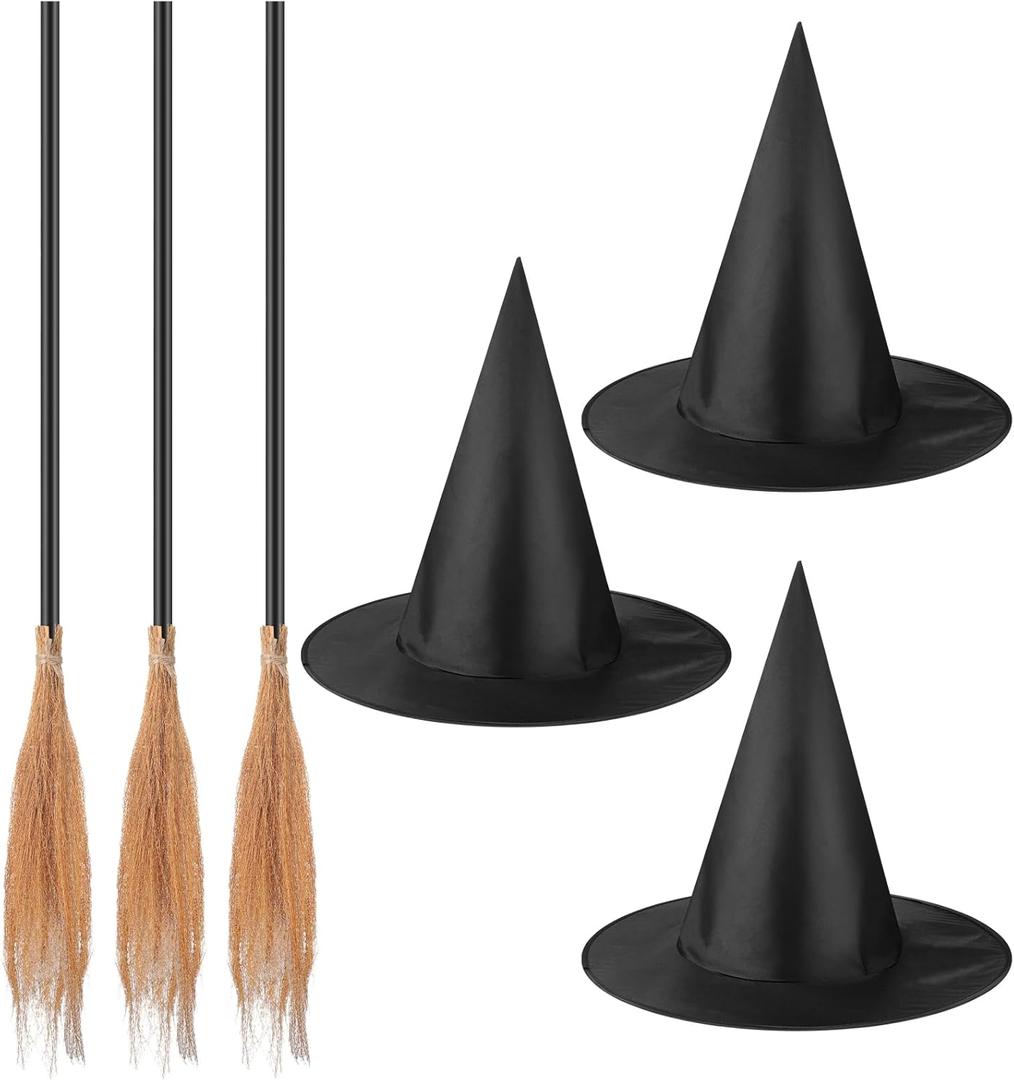 Panitay 6 Pieces Halloween Witch Broom Hat Set, Includes 3 Pcs Realistic Witch Brooms and 3 Pcs Black Hats, Halloween Accessories for Party Cosplay Props Costume Accessories
