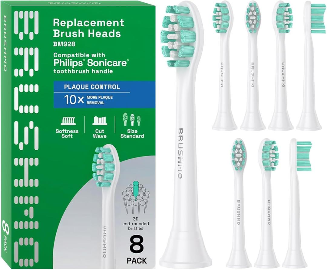 Brushmo Plaque Control Replacement Toothbrush Heads, Compatible with Philips Sonicare Click-on Electric Toothbrush Handles, 8 Standard Replacement Heads, Soft Dupont Bristles, BM928, White (8 Count (Pack of 1))