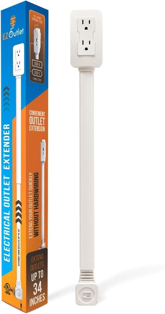 Outlet Extender Features Outlet for HardtoReach Spaces, Extending 21''27'', 2 AC Outlets, USBC Ports, USBA Ports.Suitable for Placement Behind Bedside Tables, desks, Sofas, etc.