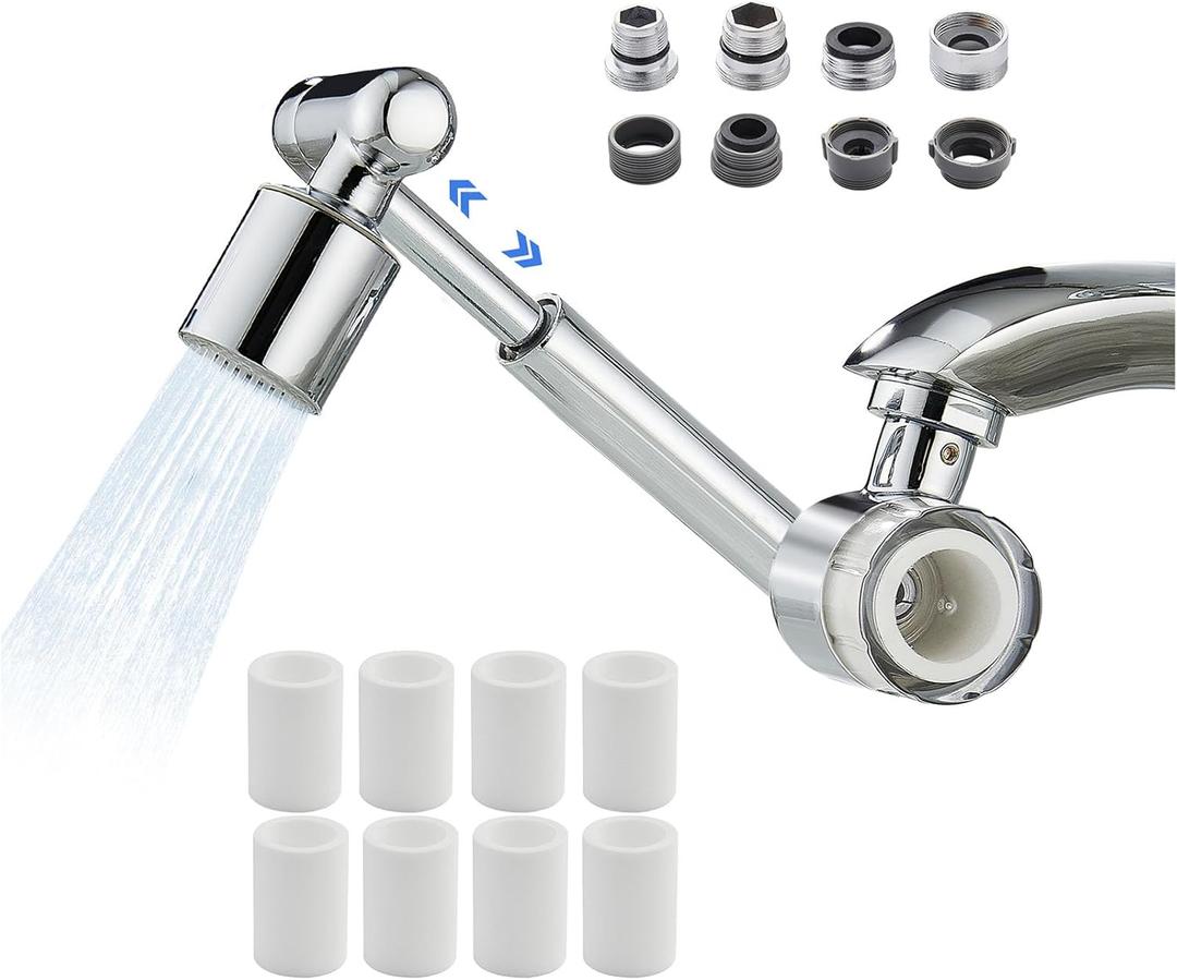 YYKBZ 1440 Rotating Sink Water Filter Faucet Extender Aerator, 2 Mode Swivel For Bathroom/Kitchen Skin Face Eye Wash, Brass Long Arm Extension For Toddlers, Multiple Adapters With 9pcs Filters