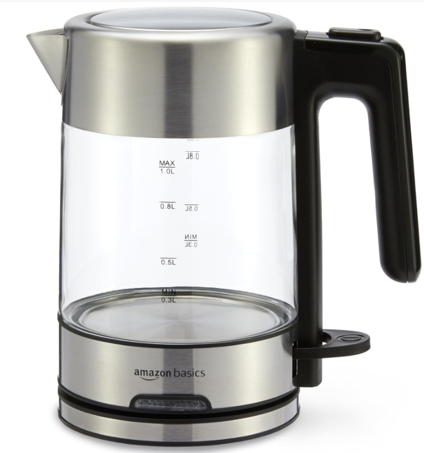 Basics Electric Kettle with Glass Carafe for Tea and Coffee, BPAFree, Fast Boiling, Auto ShutOff, 1.1 Quarts, 1500W, Glass and Steel