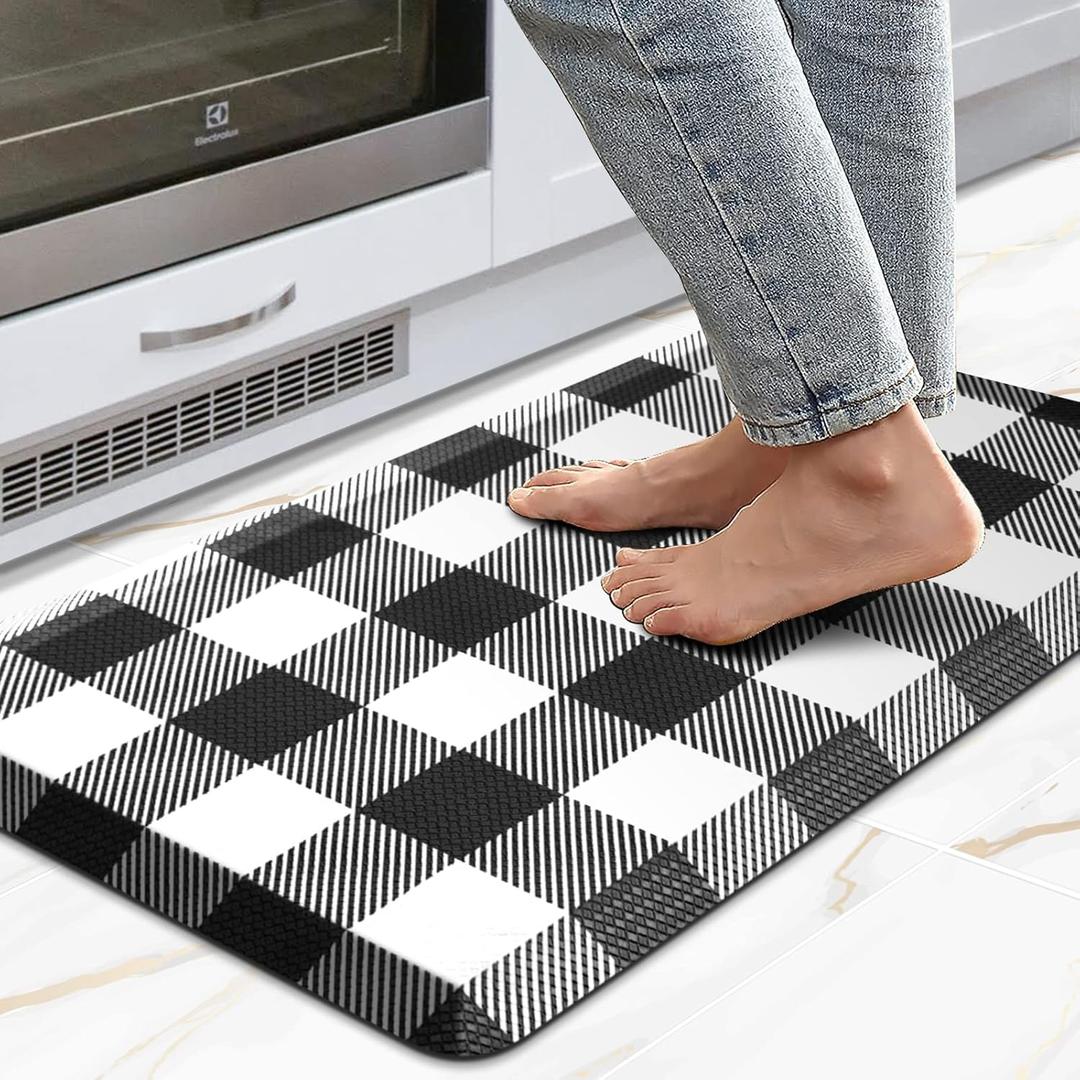 MAYHMYO Kitchen Mat Anti Fatigue Cushioned Black and White Buffalo Plaid Kitchen Rug Kitchen Floor Mat Non-Skid & Waterproof Ergonomic Comfort Standing Desk Mat for Floor Home Office Sink 17.3"x28"
