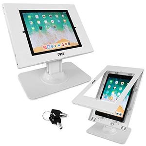 Anti Theft Tablet Security Stand - Table Mount Desktop Ipad Kiosk Stand w/Lock and Key Mechanism, 90° Rotate 75° Tilt - iPad, iPad Air, iPad Pro, Samsung Galaxy Tab A (2021) - Pyle PSPADLK18, White