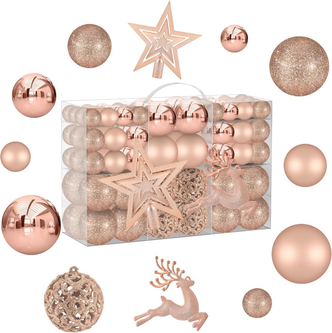 102PCS Assorted Rose Gold Christmas Ornaments,Shatterproof Plastic Christmas Ball Tree Ornaments Set for Tree Decorations