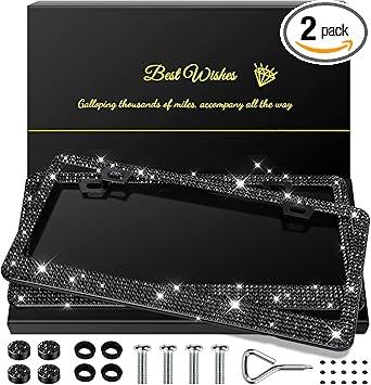 2 Pack Bling License Plate Frames, Sparkly Rhinestone Diamond Car License Plate Cover for Women, Stainless Steel Car Accessories with Glitter Crystal Caps (Black) 2 Pack Bling License Plate Frames, Sparkly Rhinestone Diamond Car License Plate Cover for Women, Stainless Steel Car Accessories with Glitter Crystal Caps (Black)
