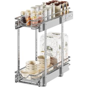 DINDON Pull Out Cabinet Organizer (7-1/2" W x 21-1/2"D), Cabinet Pull Out Shelves, 2 Tier Pull Out Drawers for Kitchen Cabinets, Wire Basket Slide Out Shelf for Cabinet Organization (Chrome)