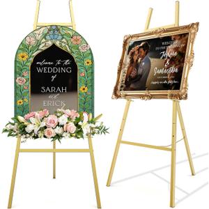 47" Gold Easel Stand for Wedding Signs, 4-Tier Height Metal Standing Easel with Adjustable Chain, Heavy Duty Art Easel for Painting, Wedding Sign, Party, Posters & Commercial Display