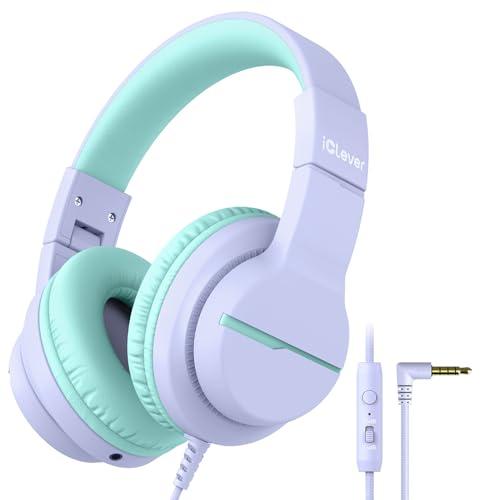 iClever HS19 Kids Headphones for School with Microphone, Safe Volume Limiter 74/85dBA, Over-Ear Girls Boys Headphones for Kids with FunShare Foldable Wired for iPad/Travel (Purple)