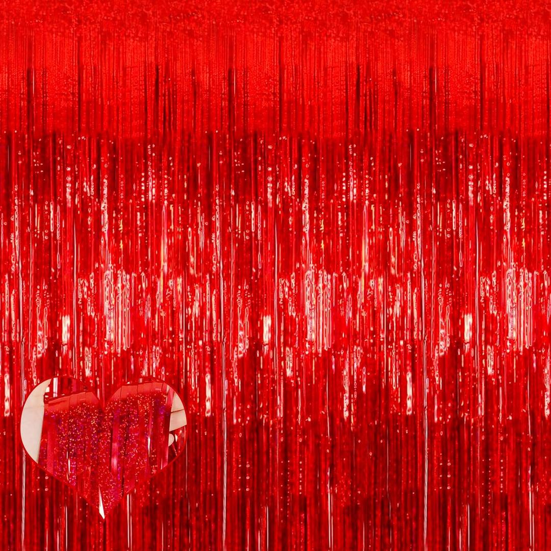 4 Pack 3.2Ft x 8.2Ft Red Fringe Curtain Backdrop, Sparkle Metallic Tinsel Foil Fringe Streamers Background for Photo Booth Birthday Wedding Baby Shower Halloween Christmas Party Decorations