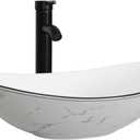 Ceramic Bathroom Sink, White Marble Boat Shape Above Counter Porcelain Vessel Sink with Black Faucet and Pop up drain Set