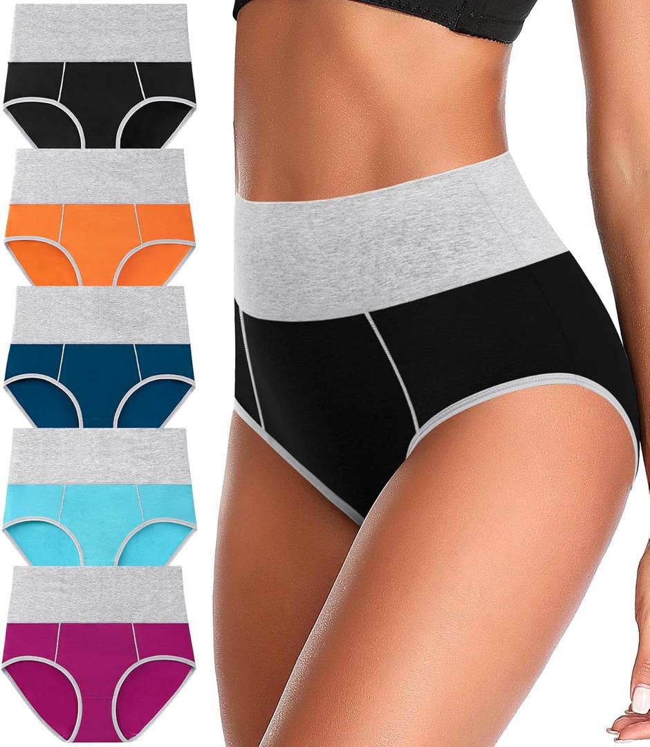 ASIMOON Womens Cotton Underwear High Waisted Slight Tummy Control Panties Soft Breathable Full Coverage Briefs Multipack (Medium, Multicolored - 5 Pack)
